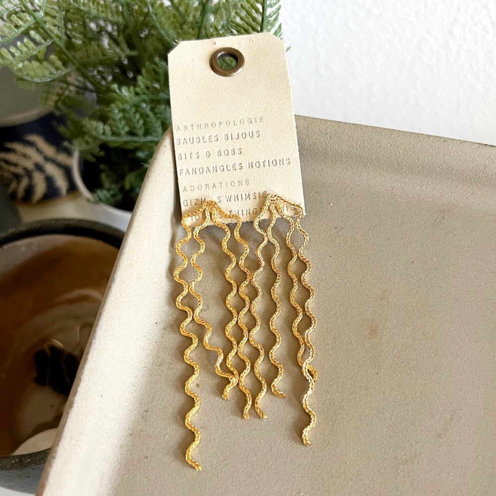 Anthropologie 14k Gold Plated Brass Scalloped Drop Squiggly Earrings NWT